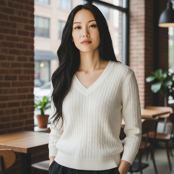 J. Crew Sweaters - J. Crew White V-Neck Linen Cable Knit Sweater 3/4 Sleeve Size S Old Money Preppy